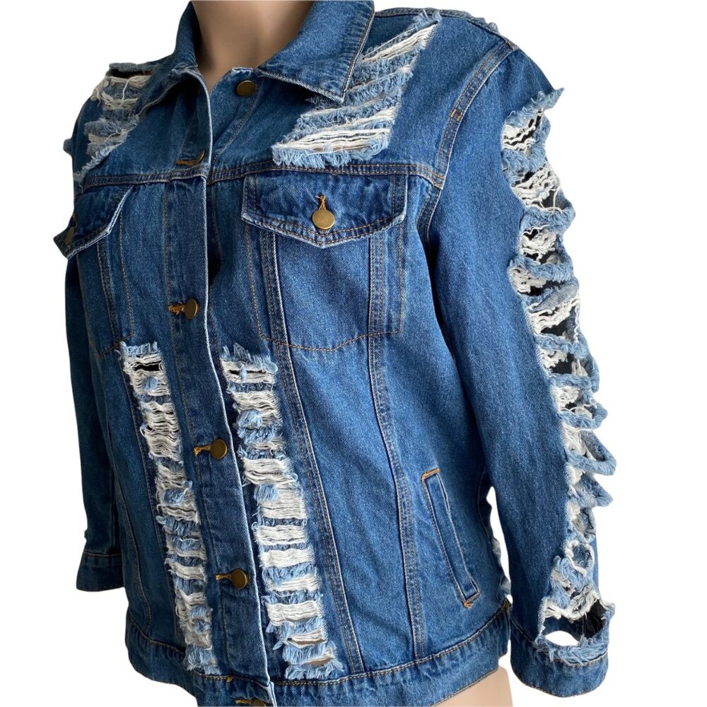 Denimland Paris Collection Jean Jacket Women M Destroyed Rhinestones Embroidered - Picture 4 of 13